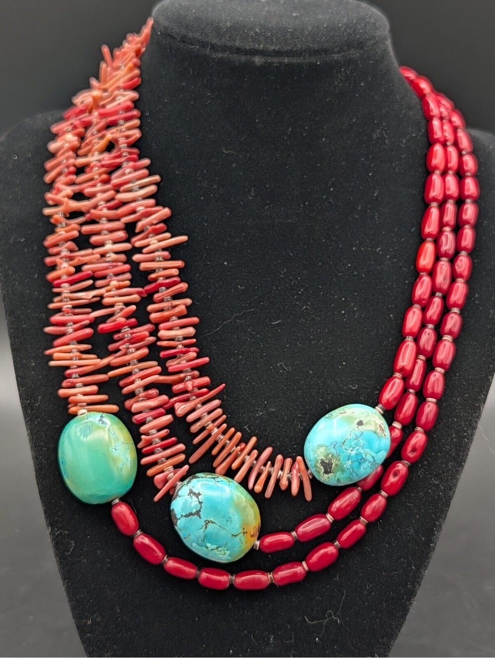 Vintage Large Turquoise Red Coral Branch 925 Sterling Silver Statement Necklace